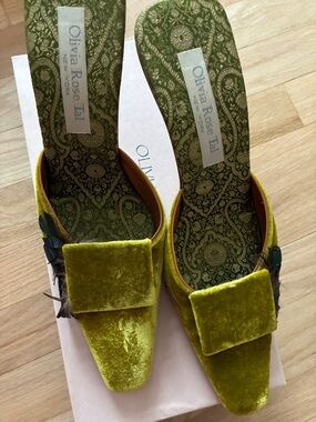 Olivia Rose Tal Chartreuse Velvet Square-Toe Mules with Buckle